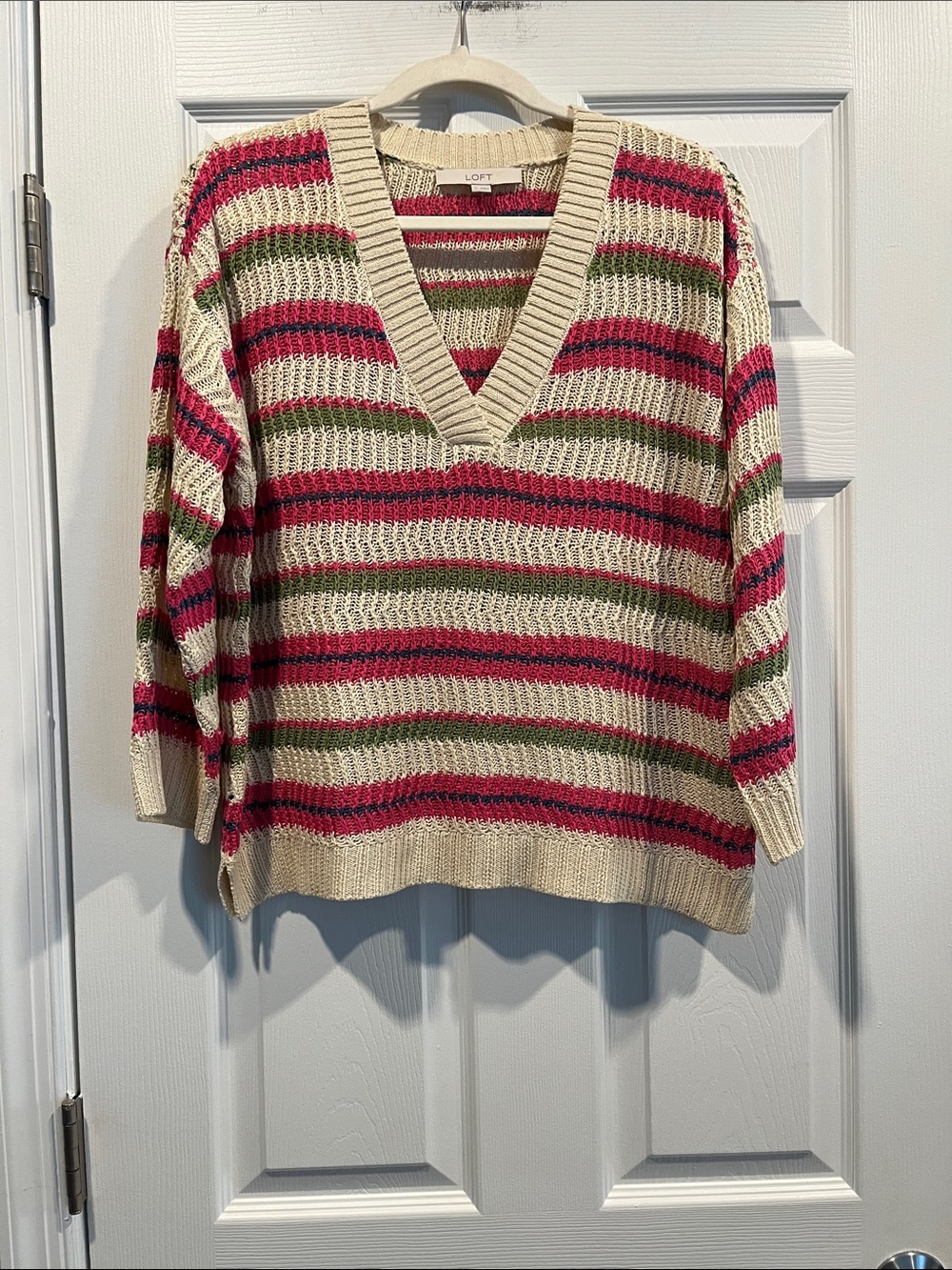 LOFT Cream V-Neck Sweater with Pink &‎ Olive Stripes